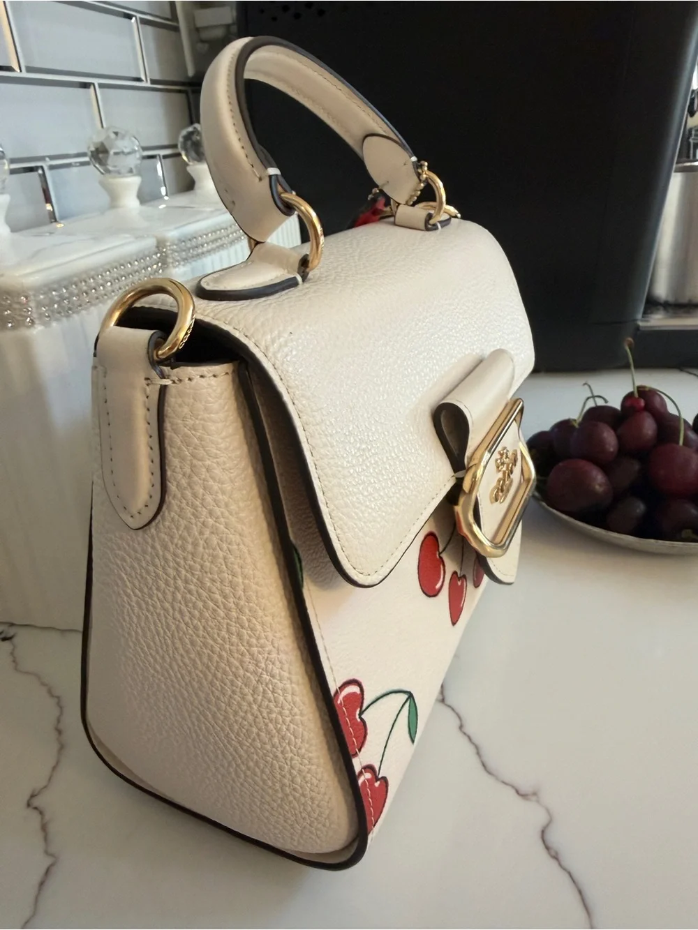 Coach White Leather Top Handle Bag with Cherry Print